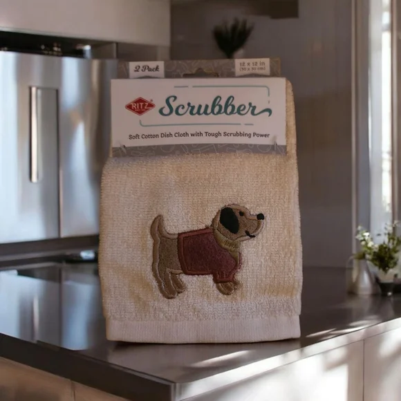 NWT Cream and Brown Scrubber Dish Cloth - 2 Pack (12x12in Each Scrubber) - Picture 1 of 2